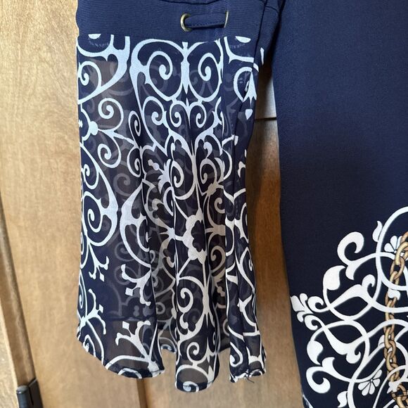 JM Collection Women's Size Petite Keyhole 3/4 Bell Sleeve Top Navy/white/gold - Picture 8 of 8